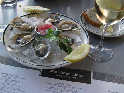 A half dozen freshly shucked oysters went down easy at Steelhead Diner in the Pike Place Market. 