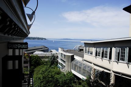 Puget sound as seen from the patio alongside Place Pigalle. 